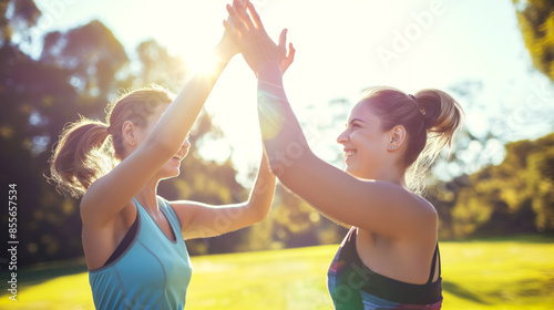 Two friends high-fiving during a sunny park run, expressing joy and accomplishment. photo