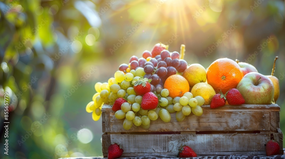 Sunlit fresh fruit crate grapes, oranges, apples, strawberries, pear natural bounty capture Sunlit fresh fruit crate grapes, oranges, apples, strawberries, pear natural bounty capture
