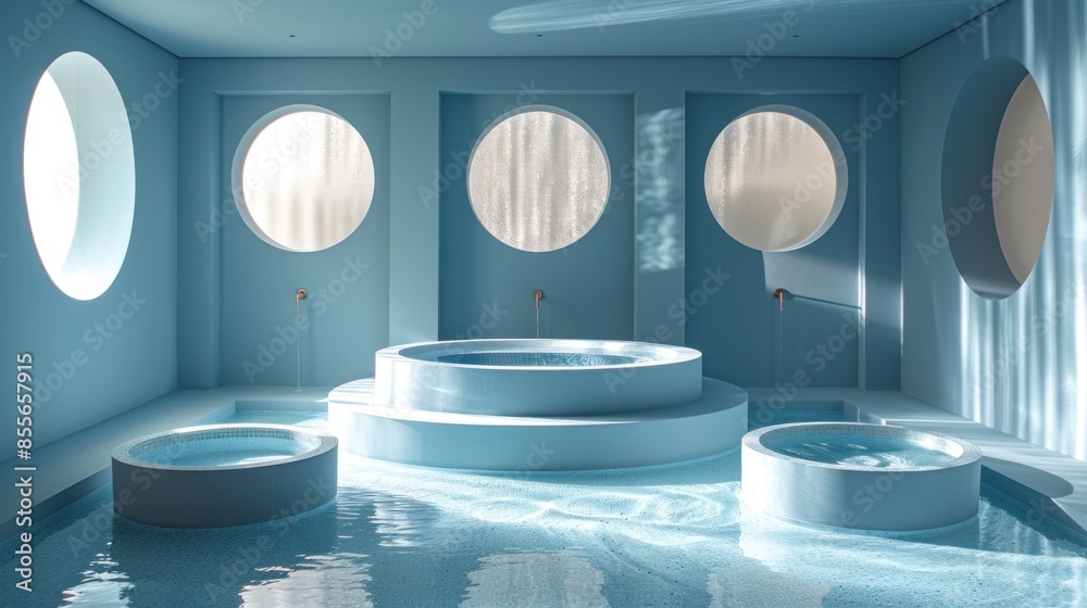 Each surface of the podium is bathed in a cool, inviting blue hue. Each surface of the podium is bathed in a cool, inviting blue hue.