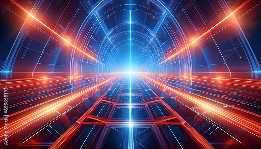 Obraz premium a striking abstract composition featuring blue and red lights in the middle, accented by glowing lines that form geometric patterns.