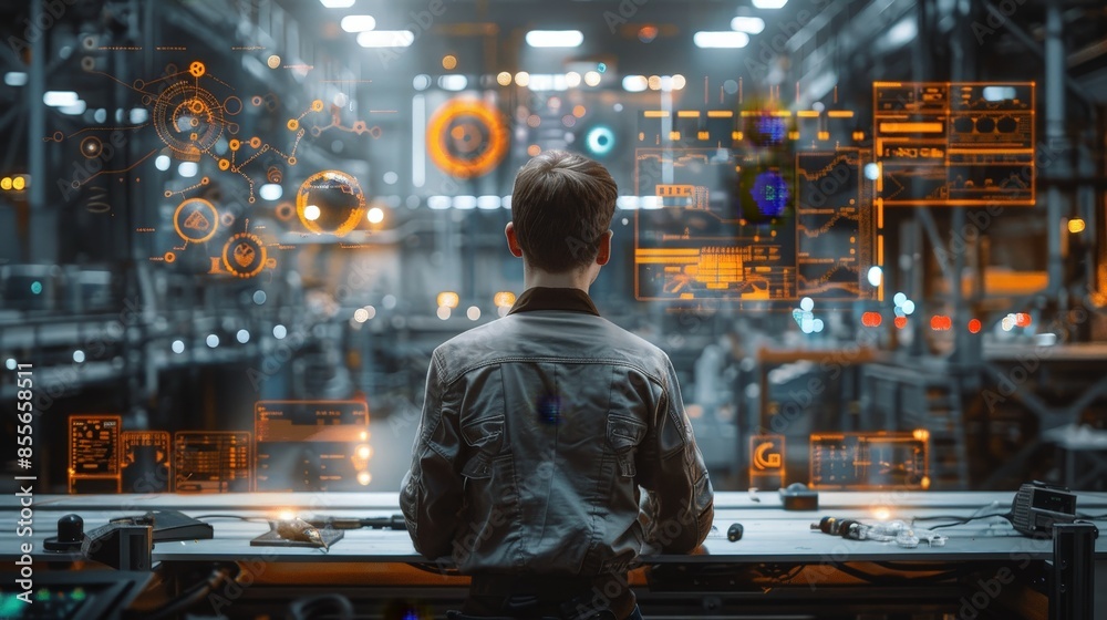 Engineer in Futuristic Factory with Holographic Interface and Advanced Technology Displays Engineer in Futuristic Factory with Holographic Interface and Advanced Technology Displays