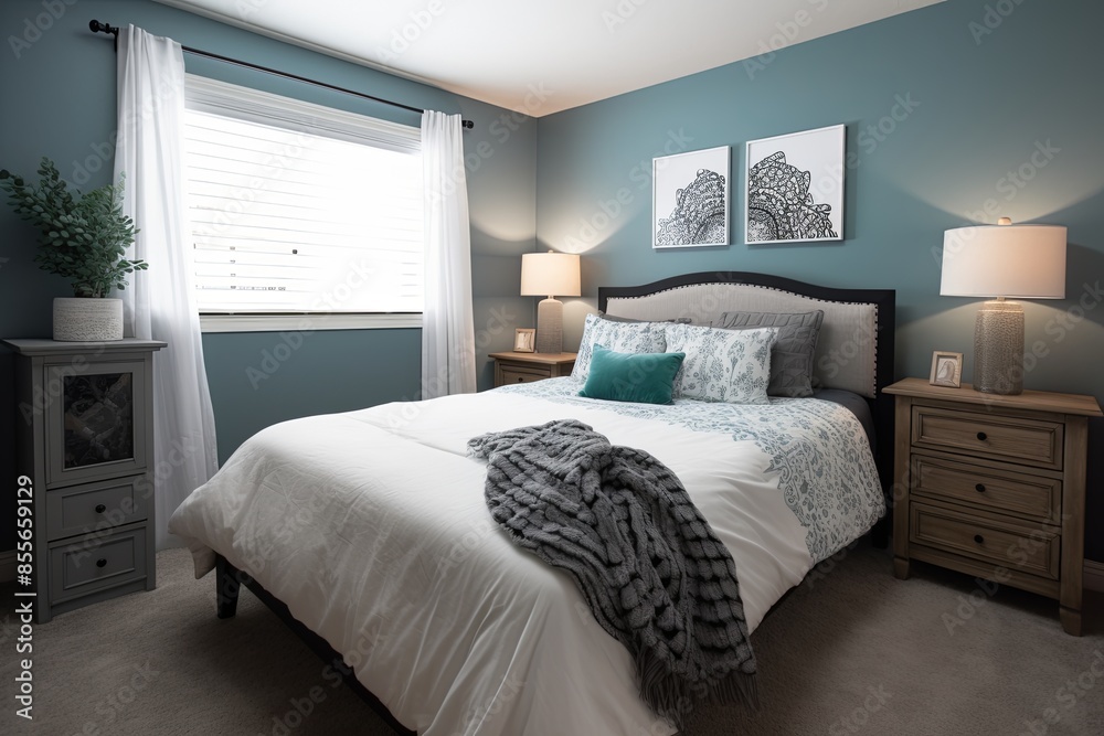 A beautifully renovated bedroom with freshly painted walls, new furniture, and stylish decor. The bed is made with a white duvet and a gray throw blanket. Generative AI A beautifully renovated bedroom with freshly painted walls, new furniture, and stylish decor. The bed is made with a white duvet and a gray throw blanket. Generative AI
