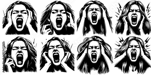 Set of eight vector sketches of a woman face screaming, black and white