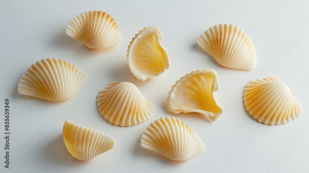 Close up shot of shell shaped pasta on a white background Close up shot of shell shaped pasta on a white background