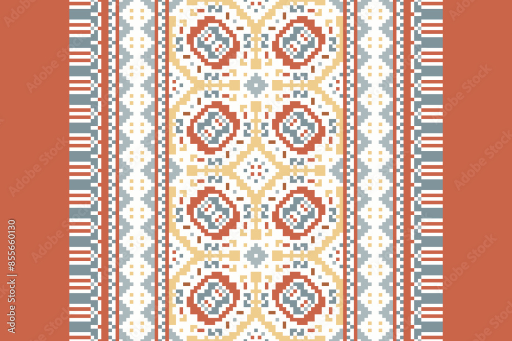 Ethnic pixel geometric seamless pattern with paisley on beige background. Native oriental cross stitch knitting design for fabric, decoration, wallpaper, border decor, element, texture, textile, print Ethnic pixel geometric seamless pattern with paisley on beige background. Native oriental cross stitch knitting design for fabric, decoration, wallpaper, border decor, element, texture, textile, print