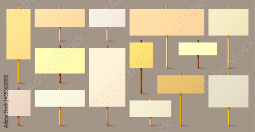 Blank colorful protest sign with wooden holder. Realistic vector demonstration banner. Strike action cardboard placard mockup