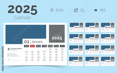 Corporate Desk Calendar Template Design for 2025.Set of Desk calendar vector design with  print template