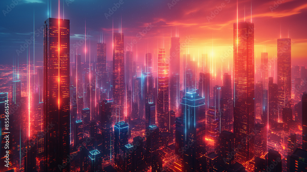 A cityscape with tall buildings and a bright orange sky