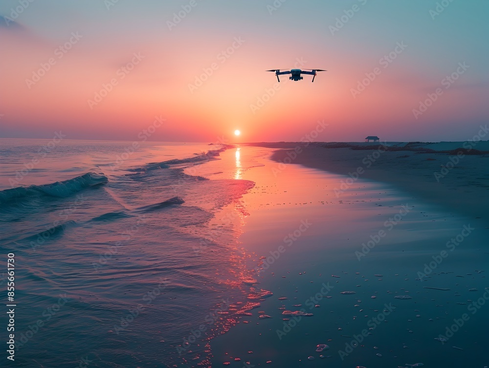 Drone Aerial View of Serene Beach at Sunrise with Water Reflection Drone Aerial View of Serene Beach at Sunrise with Water Reflection