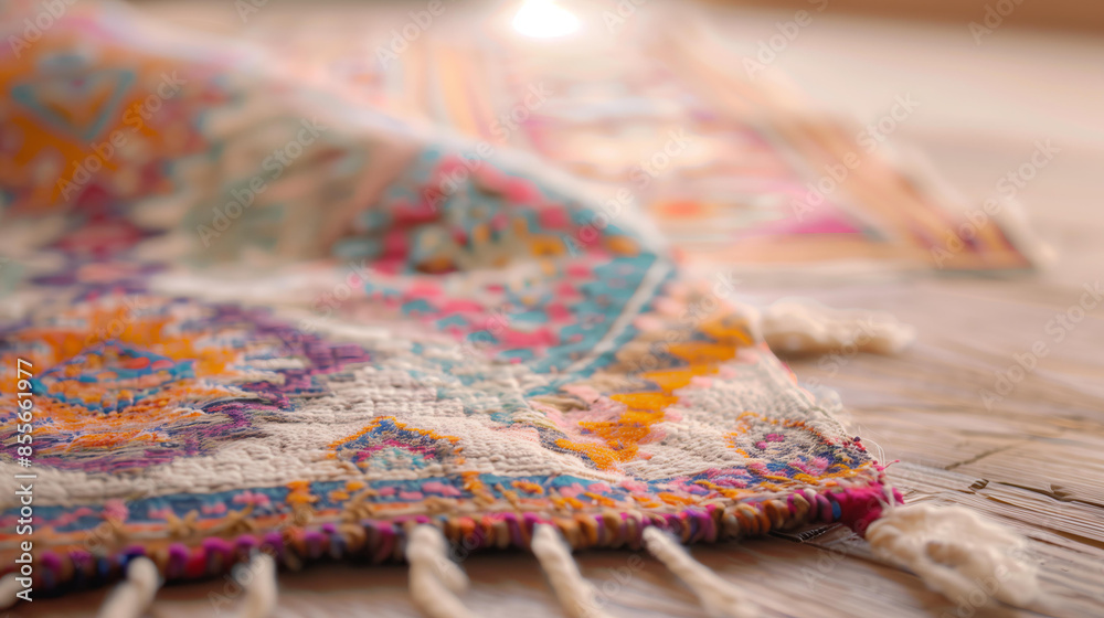 Closeup of an pastel trendy ethnic carpet with traditional patterns, showcasing the texture and colors on a wooden surface Closeup of an pastel trendy ethnic carpet with traditional patterns, showcasing the texture and colors on a wooden surface