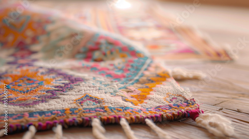 Closeup of an pastel trendy ethnic carpet with traditional patterns, showcasing the texture and colors on a wooden surface