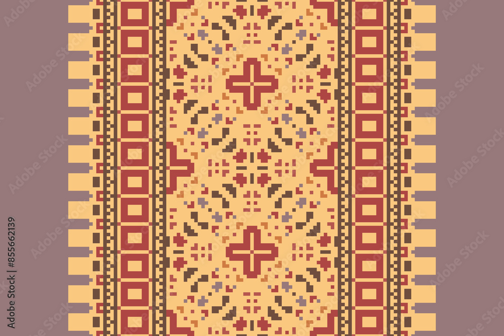 Ethnic pixel geometric seamless pattern with paisley on beige background. Native oriental cross stitch knitting design for fabric, decoration, wallpaper, border decor, element, texture, textile, print Ethnic pixel geometric seamless pattern with paisley on beige background. Native oriental cross stitch knitting design for fabric, decoration, wallpaper, border decor, element, texture, textile, print