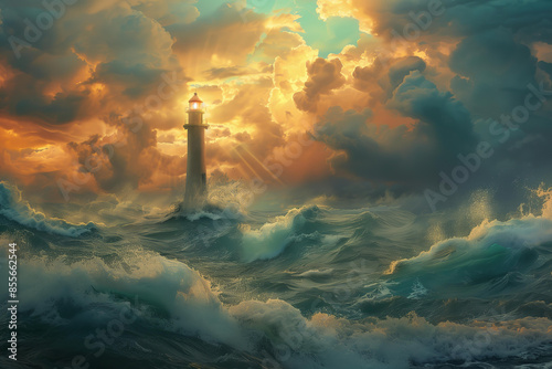 Lighthouse in stormy sea, dramatic sky and waves background, fantasy landscape © ALL YOU NEED studio