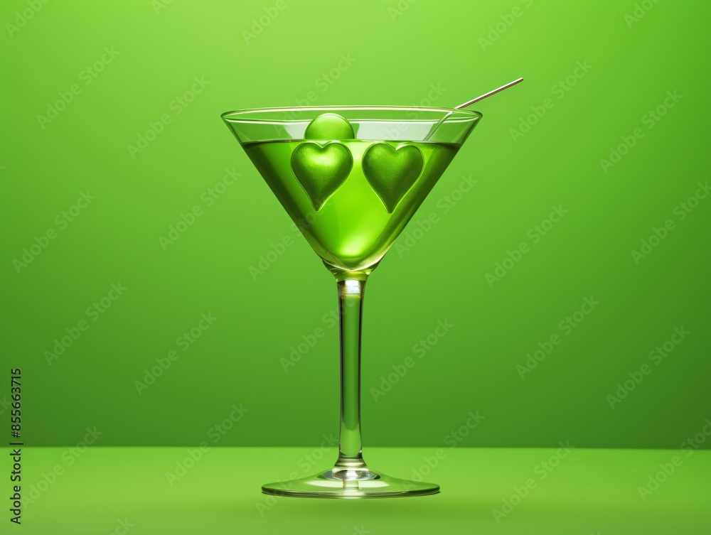 a glass with green liquid and two hearts a glass with green liquid and two hearts