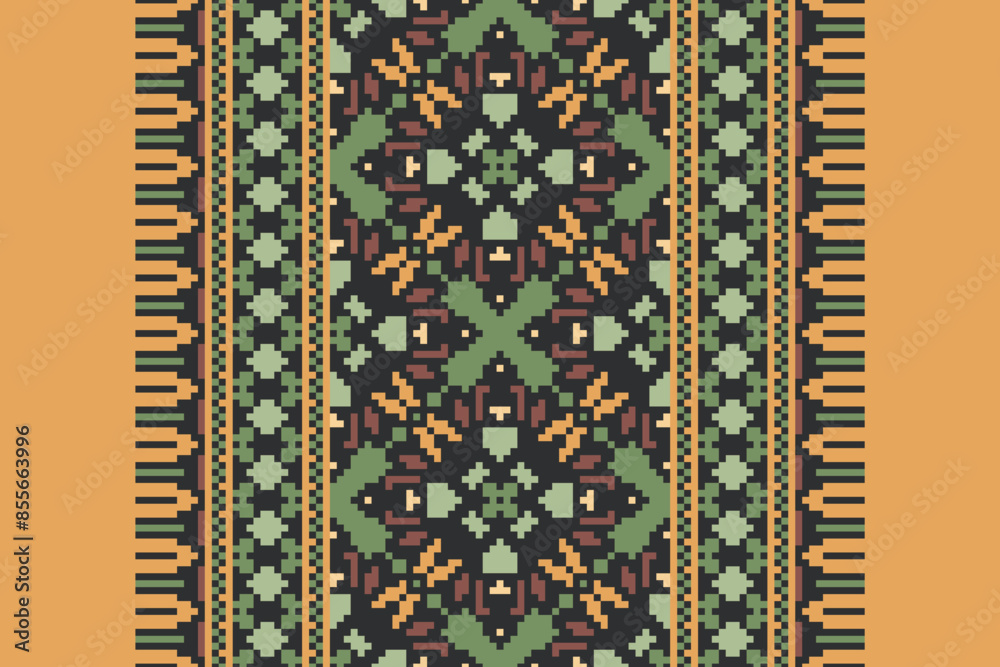 Ethnic pixel geometric seamless pattern with paisley on beige background. Native oriental cross stitch knitting design for fabric, decoration, wallpaper, border decor, element, texture, textile, print Ethnic pixel geometric seamless pattern with paisley on beige background. Native oriental cross stitch knitting design for fabric, decoration, wallpaper, border decor, element, texture, textile, print
