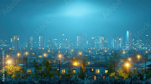 Wallpaper Mural Illuminated Cityscape A Vibrant Night View of a Blooming City with Electric Lines and Houses, Torontodigital.ca