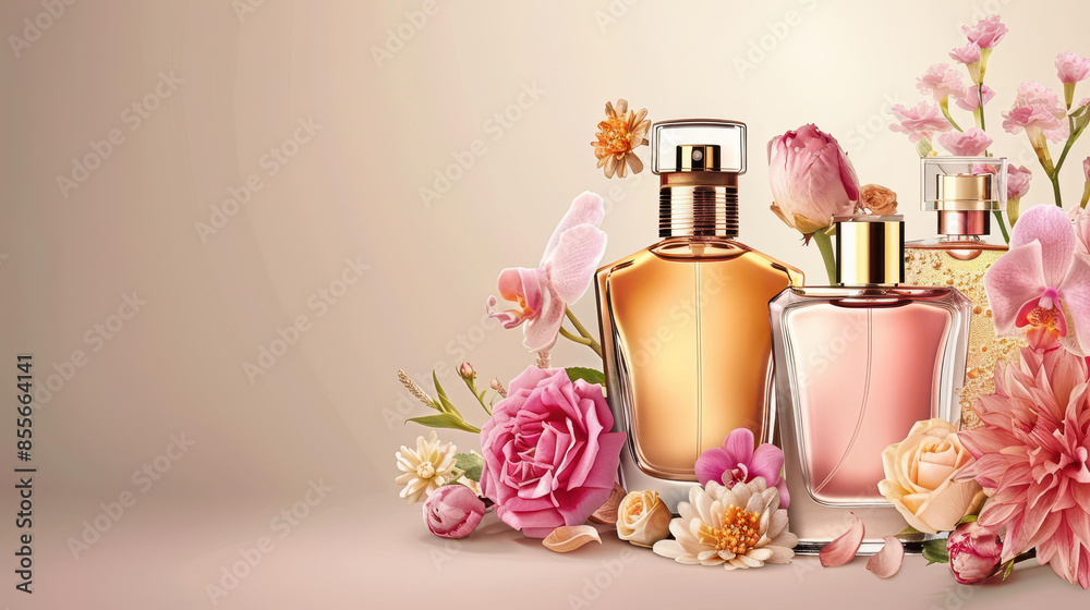 Create a fresh Spring romantic atmosphere with stylish clean glass perfume bottles, perfect for a parfumerie banner.