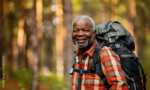Senior black man hiking forest, backpack smiling, elderly outdoor adventure
