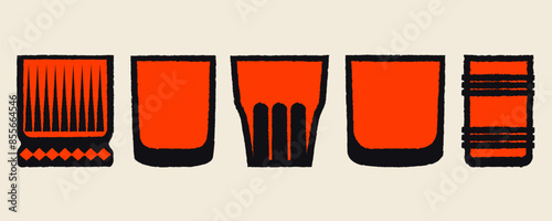 Small glasses for drinks. Vector flat illustration with texture. Tumbler glass set. Juice glass for bar. Collection of small glass glasses for tea, cocktails, soft drinks, tequila, cocktail, whiskey