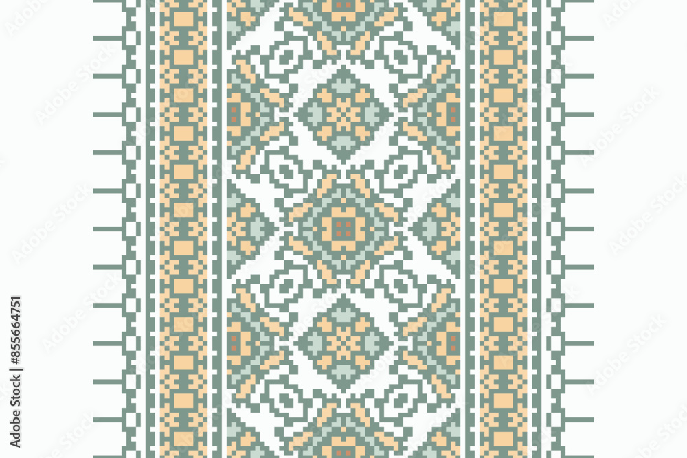 Ethnic pixel geometric seamless pattern with paisley on beige background. Native oriental cross stitch knitting design for fabric, decoration, wallpaper, border decor, element, texture, textile, print Ethnic pixel geometric seamless pattern with paisley on beige background. Native oriental cross stitch knitting design for fabric, decoration, wallpaper, border decor, element, texture, textile, print