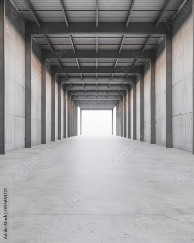 Empty warehouse storage space in grey neutral tones with copy space. Commercial Real Estate concept image.