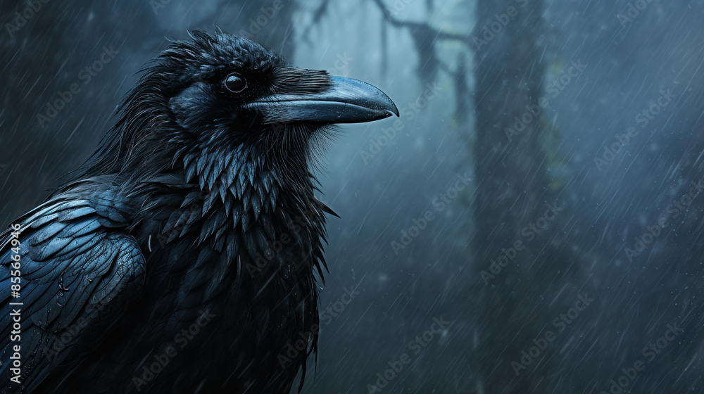 Fototapeta premium A brave crow defies natures wrath in a thunderstorm, showcasing resilience with rainsoaked feathers.