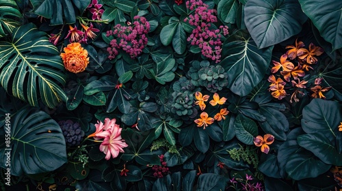 Lush Green Foliage with Vibrant Flowers Creating a Tropical Paradise photo