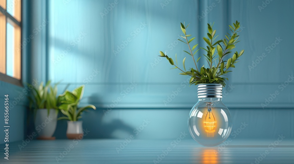 Futuristic Light Bulb with Illustration of Plant Leaves, Green Energy Concept, Copy Space, Futuristic Light Bulb with Illustration of Plant Leaves, Green Energy Concept, Copy Space,