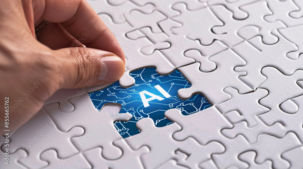 a hand placing a piece of puzzle into a blue piece a hand placing a piece of puzzle into a blue piece