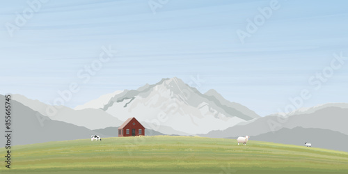 Country house at the grass hill have mountain ranges background. Countryside life minimalism landscape concept graphic illustrated have blank space.