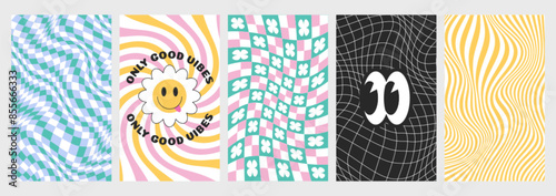 Psychedelic checkerboards with distorted grid tile, twisted lines and groovy hippie stickers. Checkered seamless pattern backgrounds in retro y2k style. Warped chessboard set with smiling daisy flower