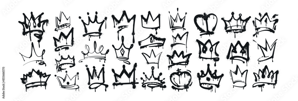 Vector spray paint crown set. Black ink graffiti king, queen or prince crowns with splashes and drips on white background. Hand drawn princess tiara and diadem. Royal head accessories in street style. Vector spray paint crown set. Black ink graffiti king, queen or prince crowns with splashes and drips on white background. Hand drawn princess tiara and diadem. Royal head accessories in street style.