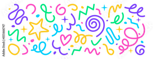 Colorful squiggly lines, abstract squiggles in childish doodle style. Color hand drawn various shapes, strokes, swirl. Freeform set on white background. Trendy drawing for children party celebration.