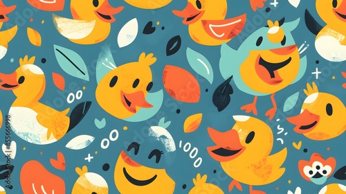 Vibrant seamless pattern featuring happy ducks with smiles, illustrated in a playful clip art style with a bright and colorful palette © Surachet