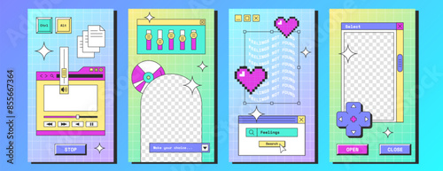 Y2k vaporwave social media posters with retro desktop computer interface with button, player, message frames. Story or post template with old pc screens with browser window, pixel heart, geek stickers