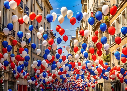 Fototapeta Naklejka Na Ścianę i Meble -  Festive Balloons In The Colors Of The French Flag Decorate A Street In Celebration.