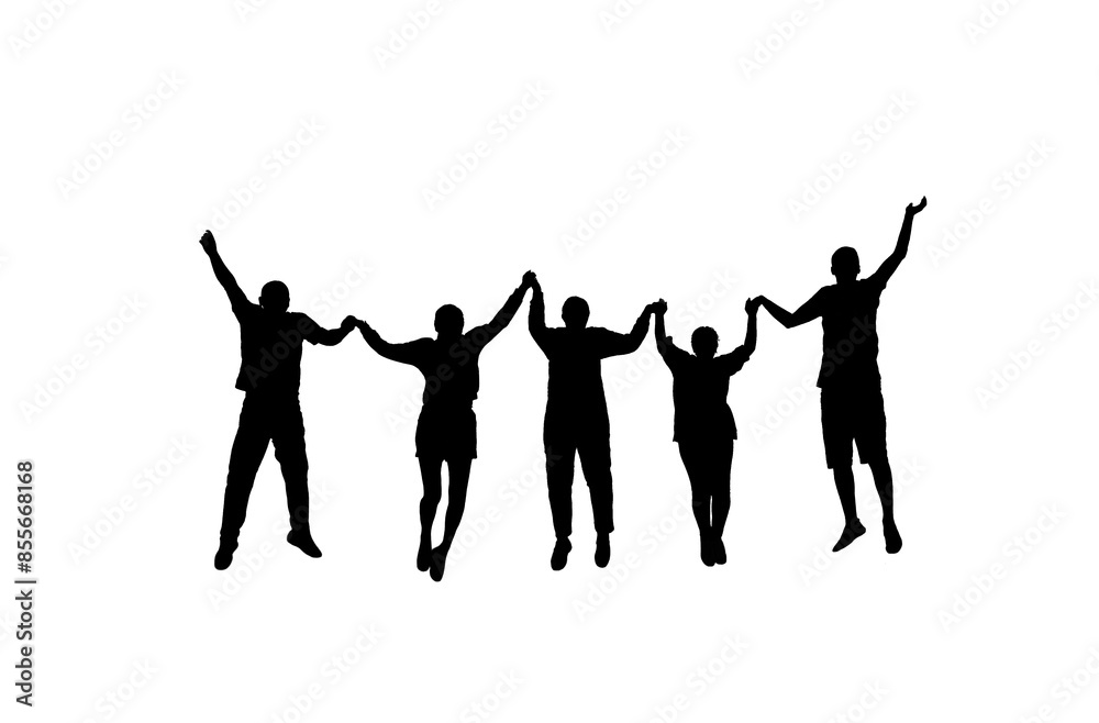 silhouette group of happy people isolated on white background, holding hands and jumping together. Success of teamwork collaboration and freedom. illustration. business union concept. team building silhouette group of happy people isolated on white background, holding hands and jumping together. Success of teamwork collaboration and freedom. illustration. business union concept. team building