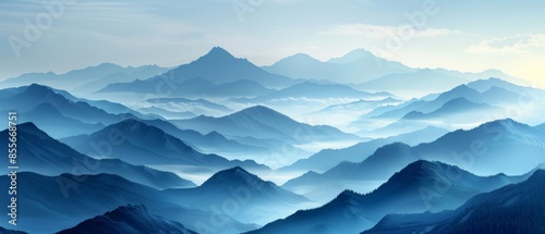 Minimalistic mountain landscape illustration in shades of blue. © Suradet Rakha