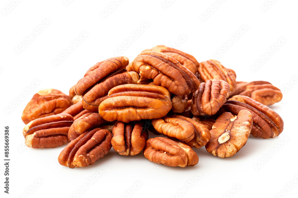 Close-up of shelled and unshelled Pecan nuts isolated on a white background, showcasing their texture Close-up of shelled and unshelled Pecan nuts isolated on a white background, showcasing their texture