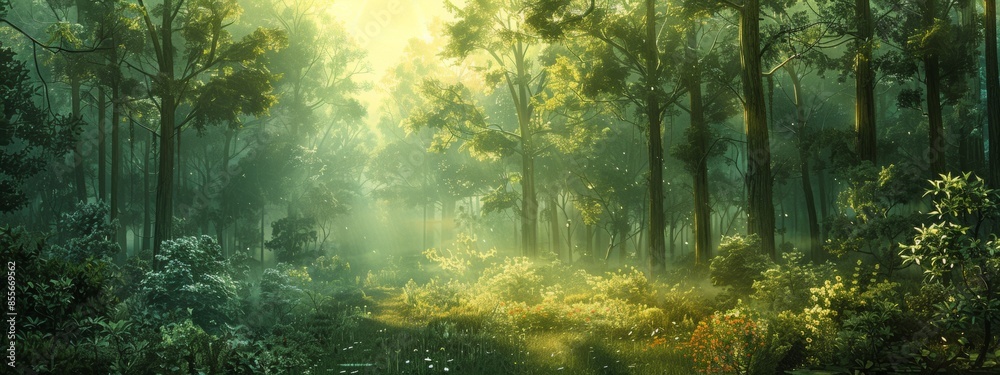 Obraz premium Digital artwork featuring a lush forest scene against a backdrop of verdant green wallpaper, immersing viewers in the tranquility of nature. 