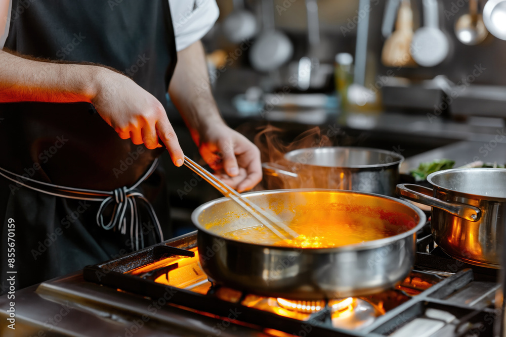 Chef preparing a rich sauce in a stainless steel pan over a gas stove, highlighting the culinary process in a professional kitchen. Chef preparing a rich sauce in a stainless steel pan over a gas stove, highlighting the culinary process in a professional kitchen.