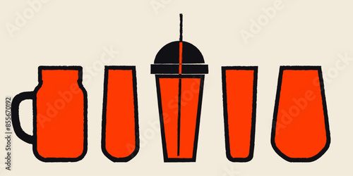 Tall glasses for alcohol and non-alcoholic drinks. Cocktail glass set. Vector illustration with texture. Silhouette drawing of glasses. Plastic cup, glass with handle for drinks