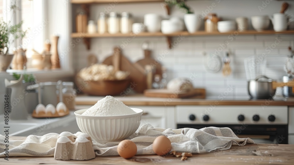 A clean and organized kitchen counter with a few simple ingredients, like flour, eggs, and a mixing bowl, ready for baking, highlighting simplicity in cooking. A clean and organized kitchen counter with a few simple ingredients, like flour, eggs, and a mixing bowl, ready for baking, highlighting simplicity in cooking.