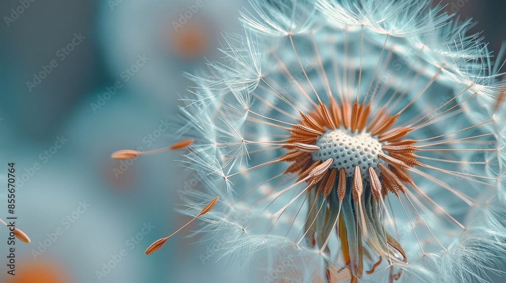 Obraz premium A close-up of a dandelion clock, with the fluffy seeds blowing away in the light, airy breeze.