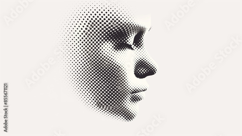 A woman's face is shown in a black and white photo with a blurry background