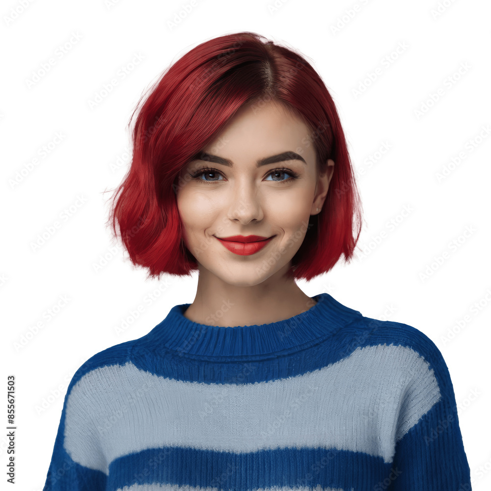 portrait of a smiling woman with red short hair in blue sweater isolated on transparent background