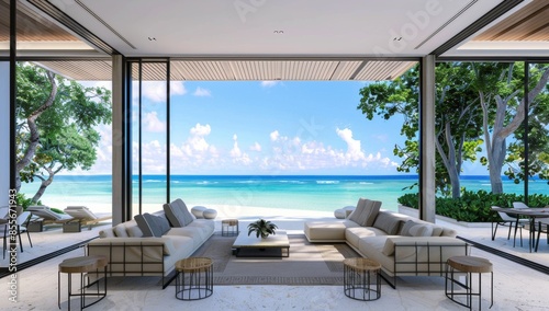 A large window overlooks the ocean, and a couch and coffee table are in the room