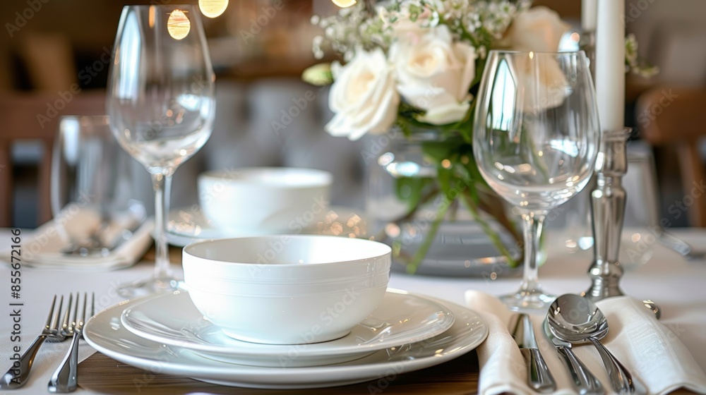 A simple, yet elegant, dining table set for two with white dishes, silverware, and a single vase of flowers as a centerpiece.