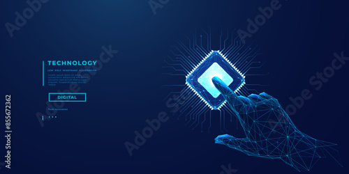 Index human finger presses on a chip or processor. Technology innovation concept. 3D low poly wireframe vector illustration. Abstract digital background. Computing tech bg. Robot hand touching chip