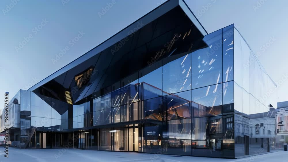 Modern office building with glass facade reflecting the surroundings. The architecture features clean lines and a sleek, professional design under a clear blue sky.	